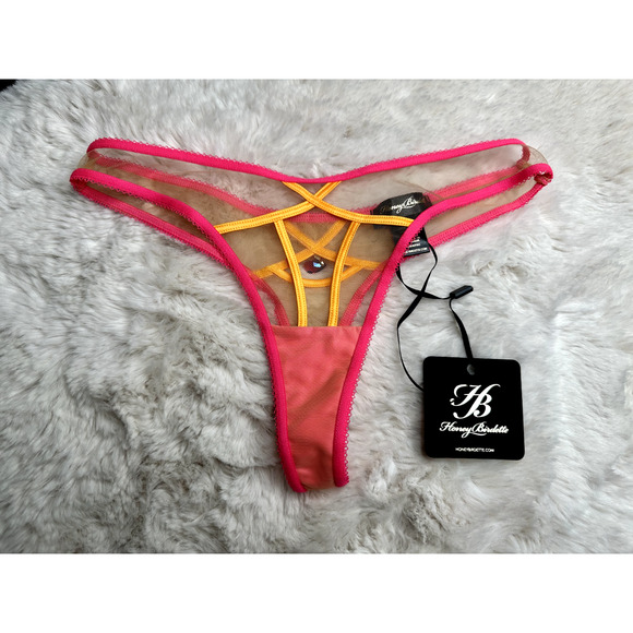 Honey Birdette SASKIA💛 Neon Pink Orange 3 Piece Set Set 32DDD, XS, XS Thong - Picture 7 of 8